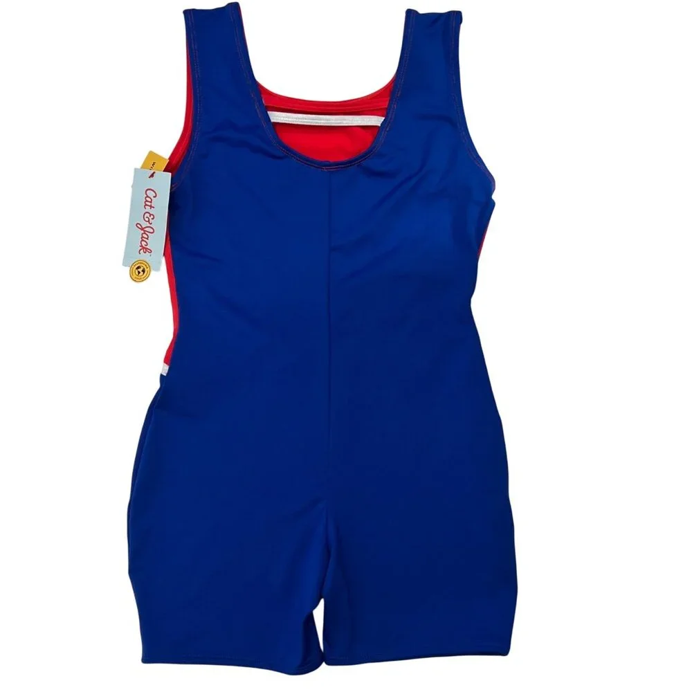 Cat & Jack Red Blue Sparkle Rhinestone Tank Leotard Wicking Fabric Girls L 10/12